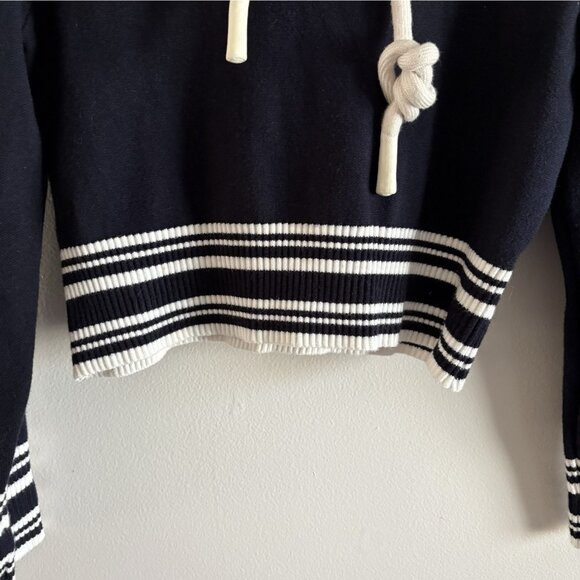 Zara Women M Navy Blue Striped Knit Nautical Cropped Pullover Hoodie Sweater - Picture 2 of 8